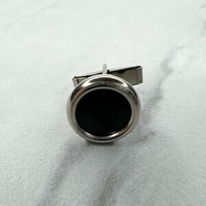 Vintage Silver Tone and Black Round Single Cufflink